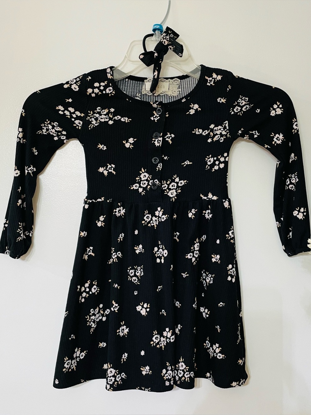 Girls' Black Floral Long-sleeve Dress
